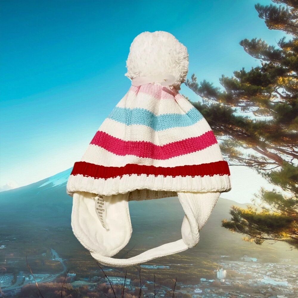 The Children's Place Baby Hat 6-12 Months Striped Knit Pom-Pom Ear Flaps